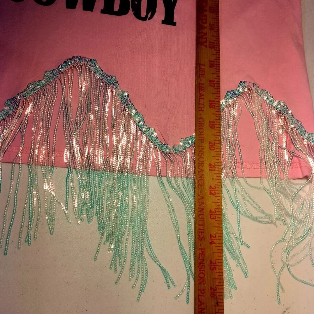 Cowboy T Shirt Large Pink Cropped Silver Fringe Western Cowgirl Crop Top - Picture 6 of 15